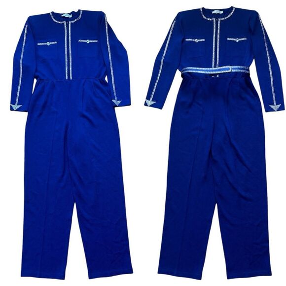 ST. JOHN Size 14 Royal Blue Made In USA Rhinestone Trimmed Knit Jumpsuit Pockets - Picture 2 of 16